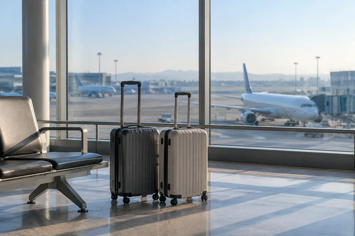 공항 환승 통로의 벤치 옆 여행가방과 창밖 항공기