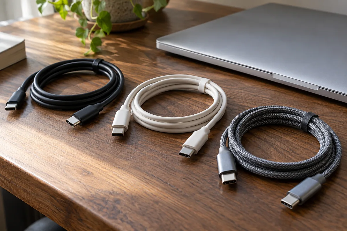 나무 책상 위 노트북 옆에 놓인 서로 다른 USB-C 케이블 세 개